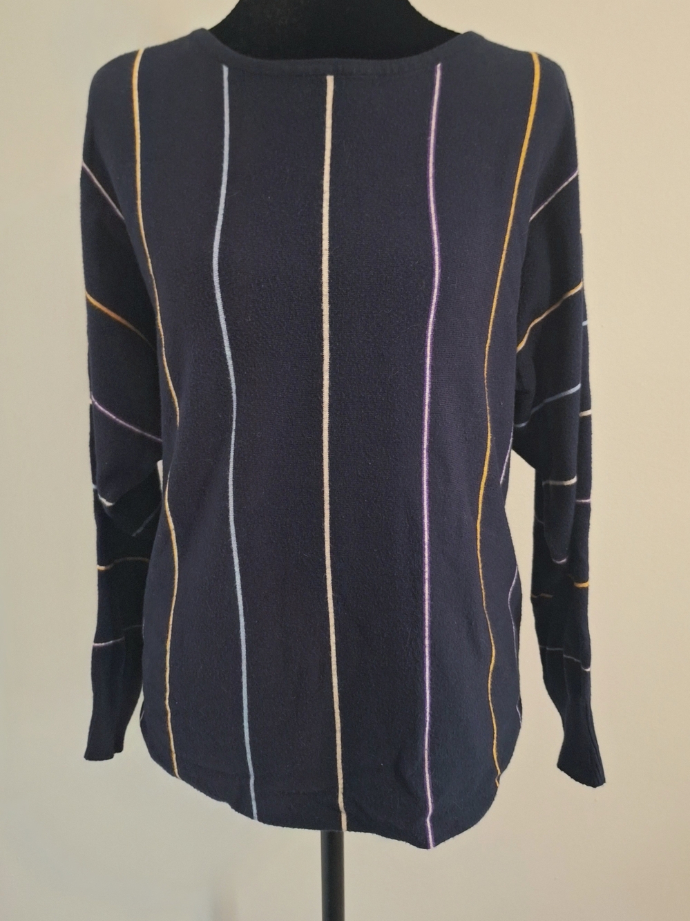 Vila Milano Navy Crewneck Sweater with Multicolor Vertical Stripes